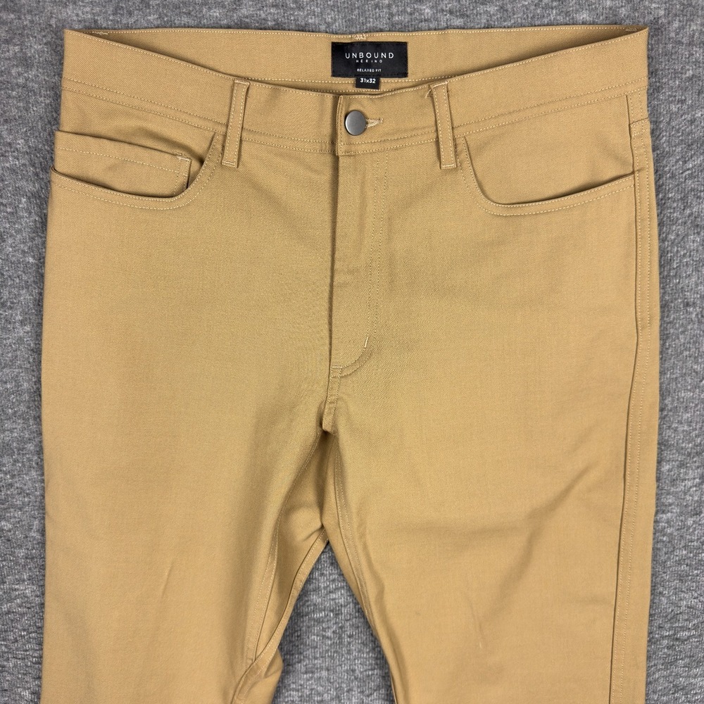 Unbound Merino Pants Mens 31x32 Relaxed Fit Tan Stretch 5 Pocket Travel Wool